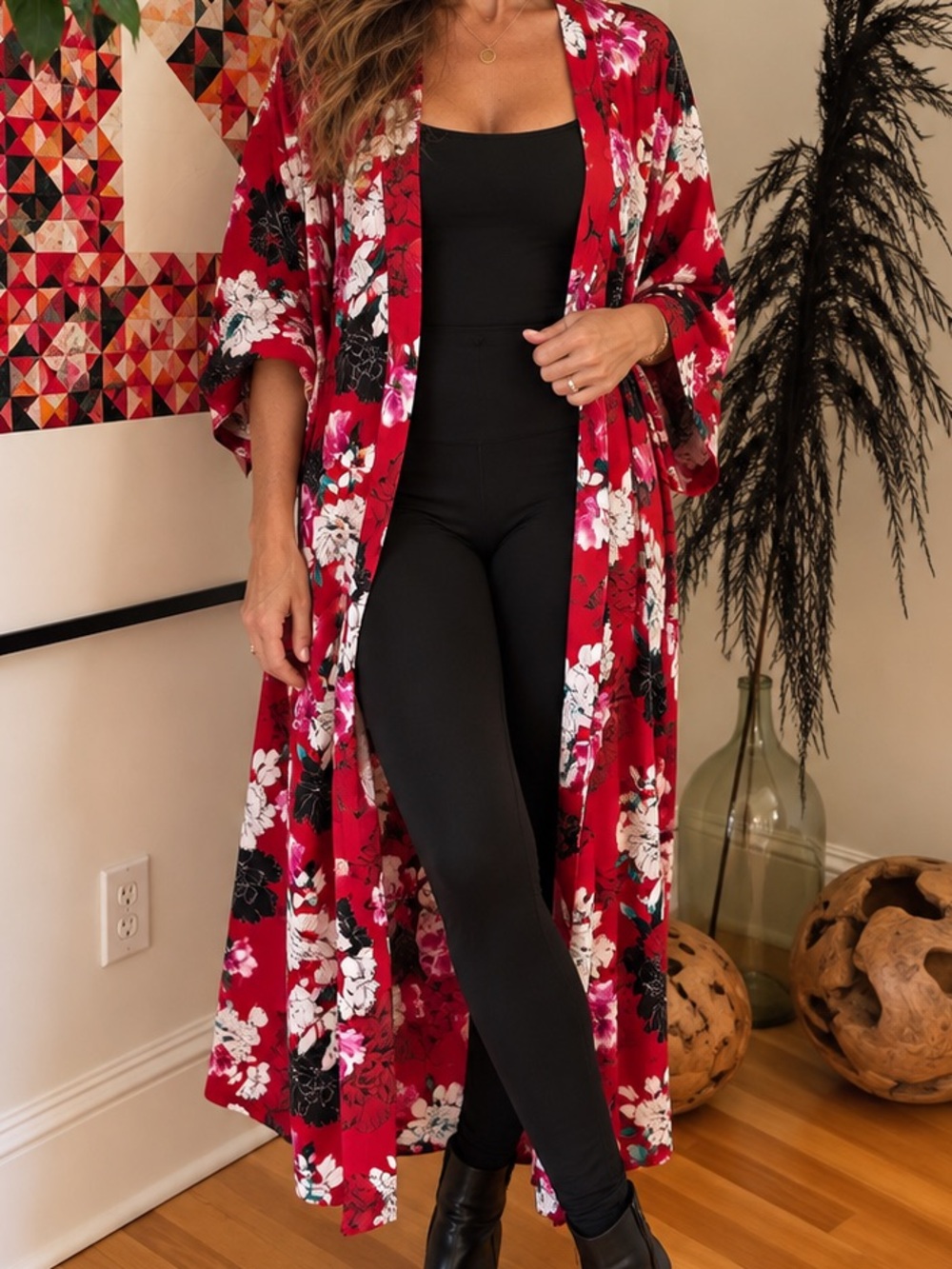 Jennifer Lopez Red Floral Kimono Duster